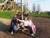 Children and playground staff gather