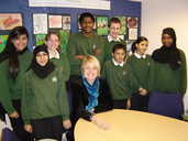Headteacher Lesley Bowes with her pupils