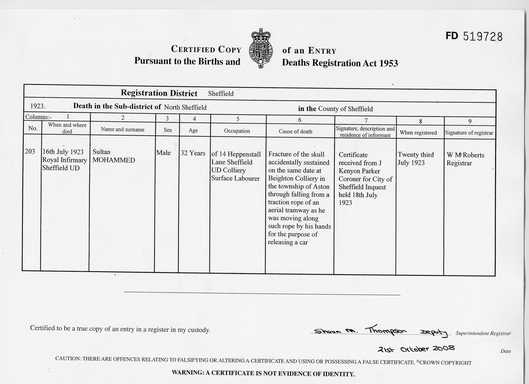 Death Certificate of Sultan Mohomed
