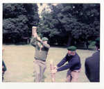 Knocking in pickets for an aerial runway at Whiteley Wood Hall, 1984